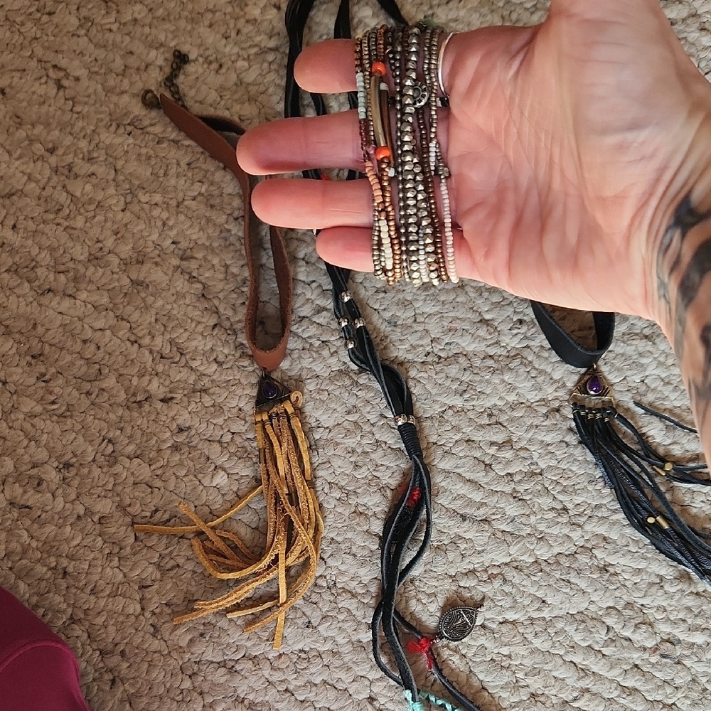 Free People Bohemian Leather and Beaded Necklaces And Bracelet Set